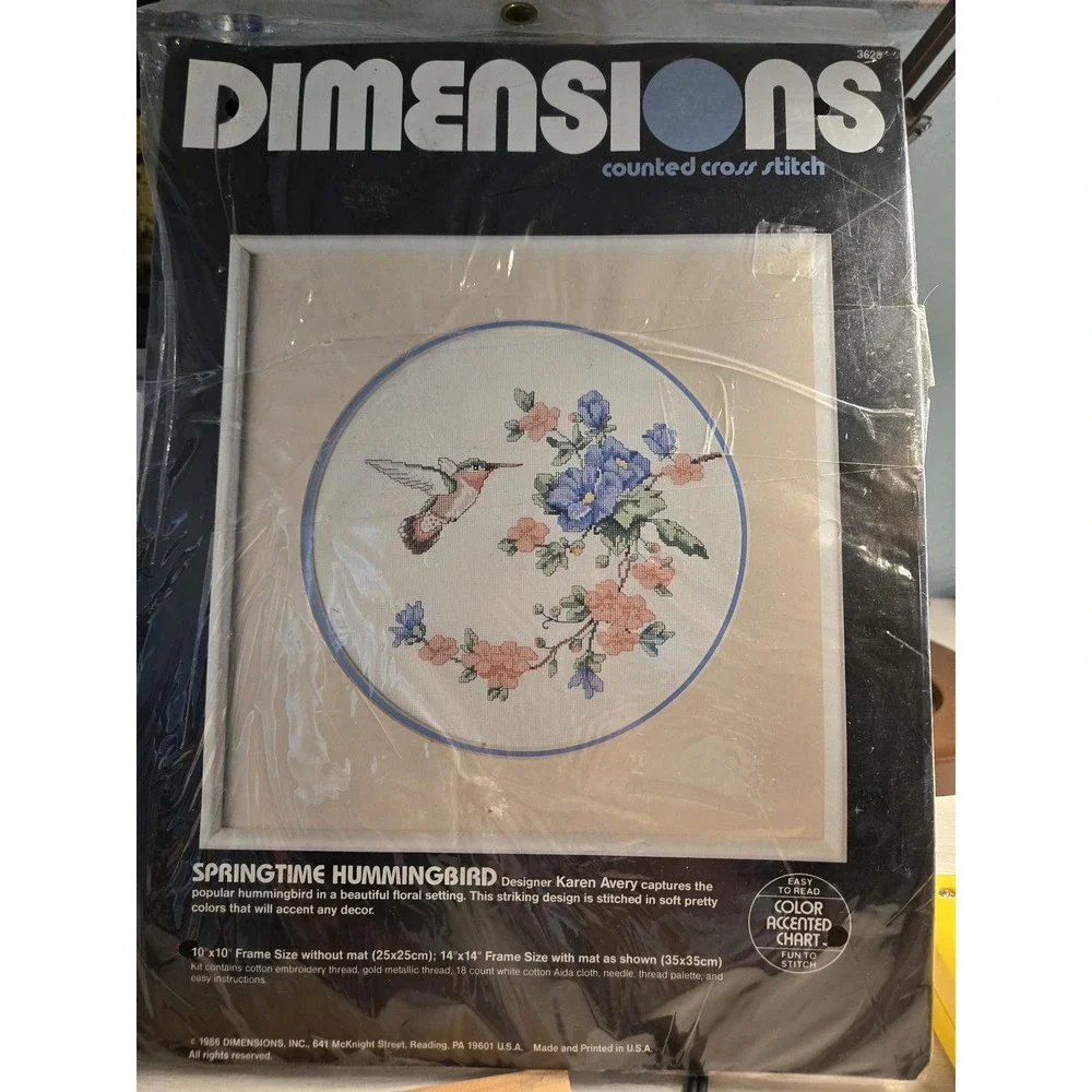 Vintage 1986 Dimensions counted cross stitch kit - Springtime Hummingbird